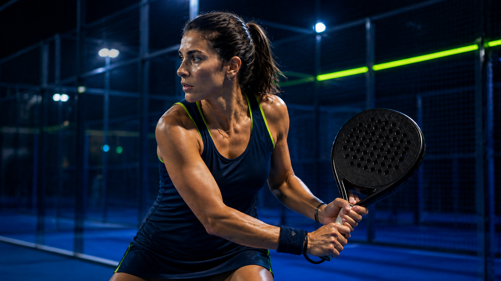 Padel player training on a blue court at night